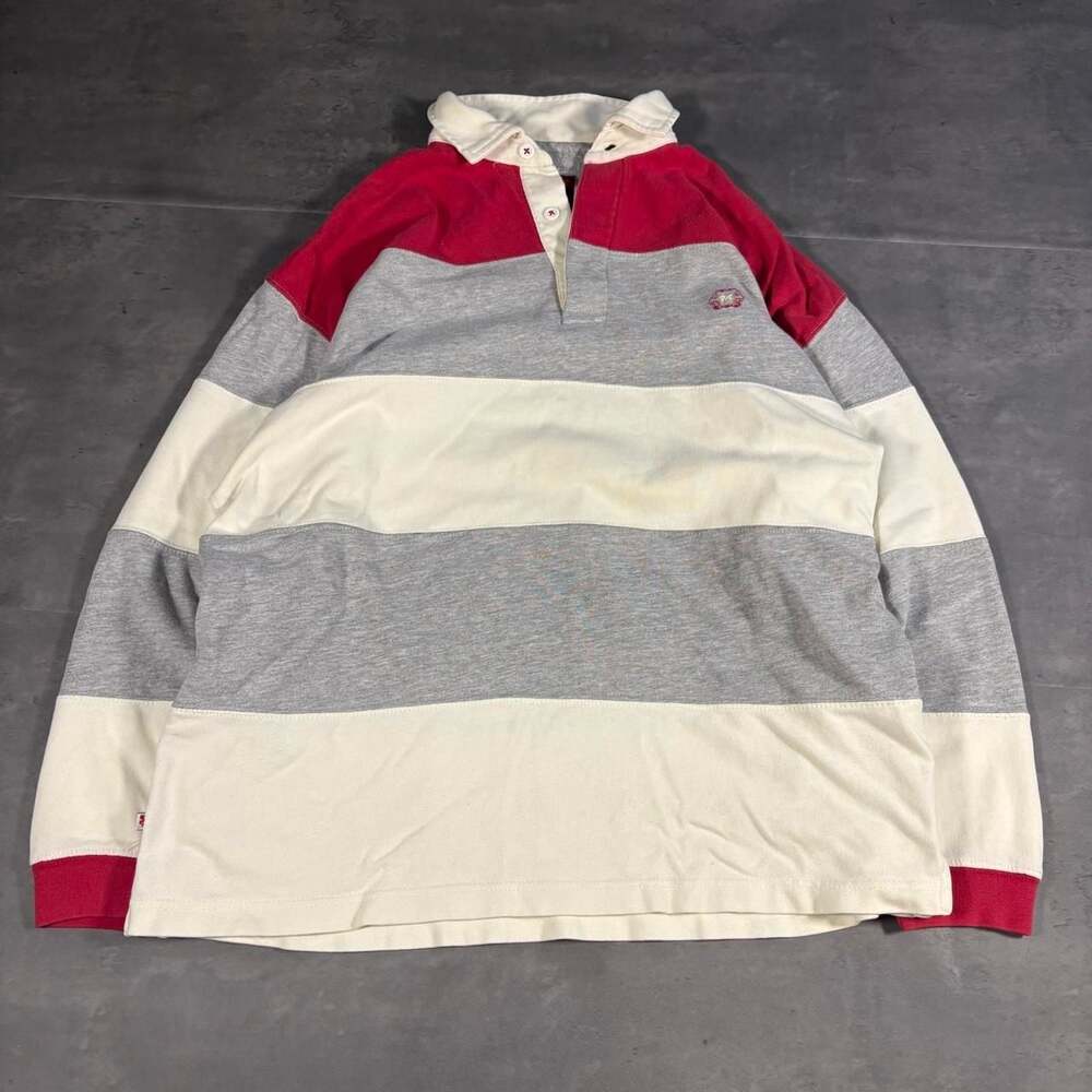 Mecca Y2K Striped Rugby Shirt Red Gray Cream Long Sleeve